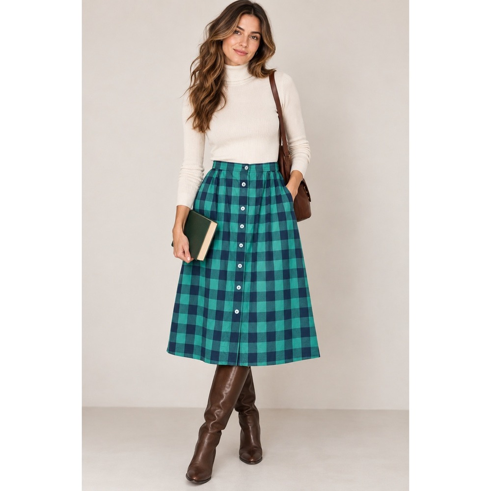 Preppy Academia Heritage Blue Green Plaid Button A-Line Midi Skirt Size 8